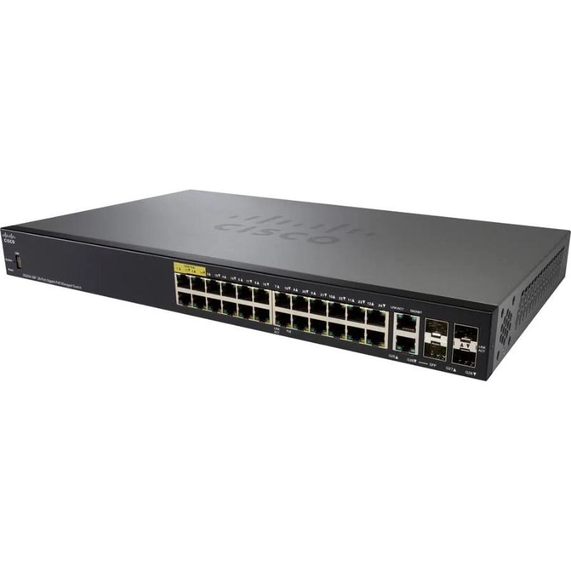 Cisco SG350-28P avec 28 ports Gigabit (GbE), 24 ports Gigabit Ethernet RJ45, 2 connecteurs SFP et 2 ports Gigabit Ethernet